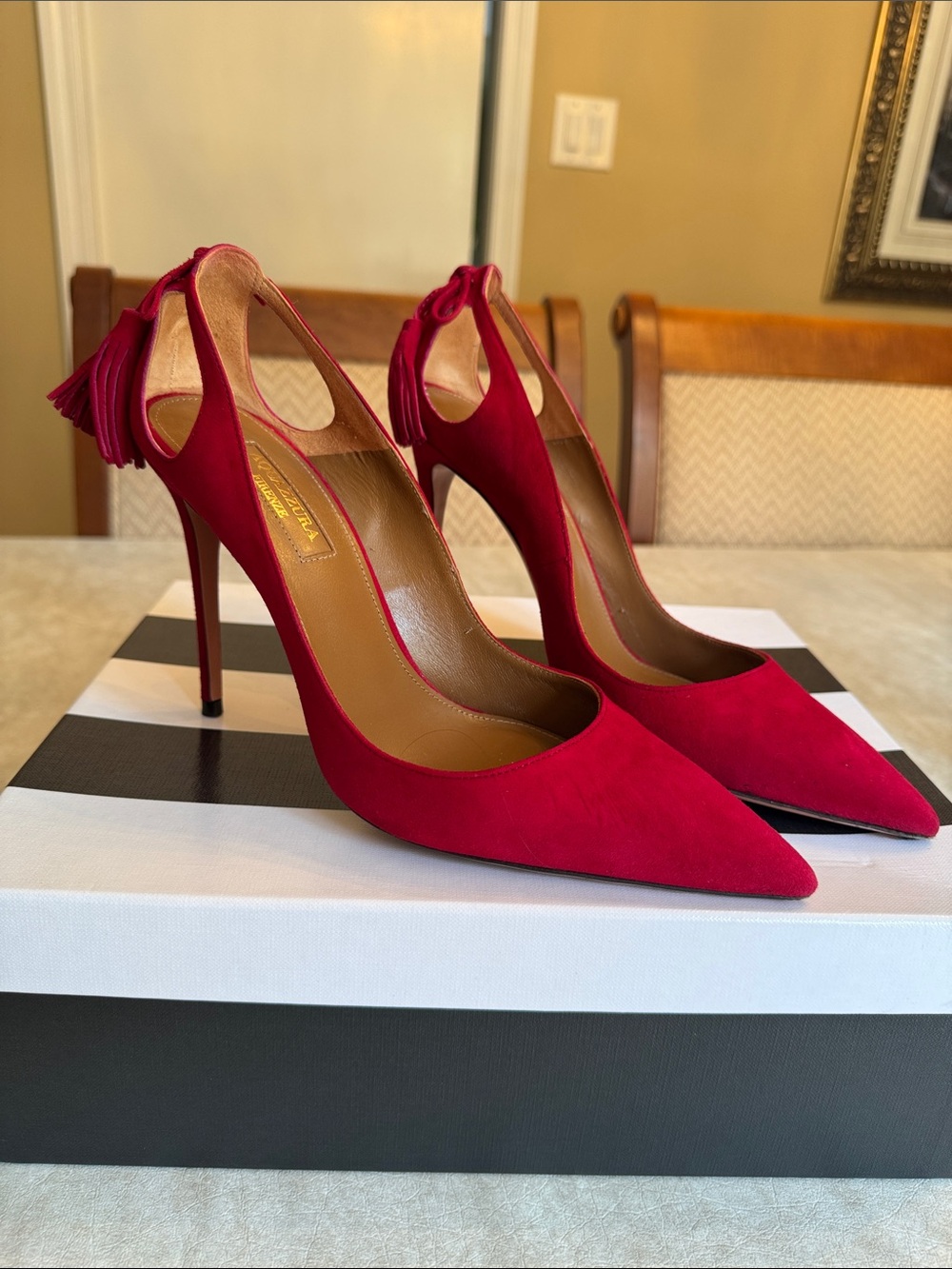 Aquazzura Red Suede Tassel Stiletto Pumps